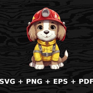 Cartoon Cute Dog Fireman Svg Png Eps, Commercial use Clipart Vector Graphics for Wall Art, Tshirts, Sublimation, Print on Demand