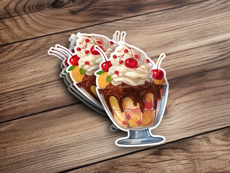 May include: Sticker sheet featuring three illustrated ice cream sundaes. Each sundae is in a clear glass dish, topped with whipped cream, chocolate sauce, cherries, and waffle cone pieces. The sundaes are rendered in a vibrant, realistic style with rich brown, creamy white, and deep red colors. The stickers are perfect for adding a sweet touch to laptops, water bottles, or planners.