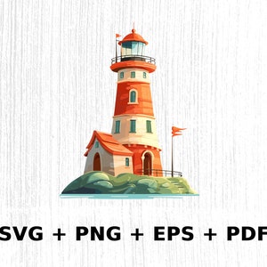 May include: A red and white lighthouse with a small house attached, standing on a green island with a blue water background. The lighthouse has a red roof and a white base with a black door. There is a red flag on a pole next to the lighthouse.