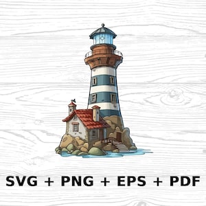 May include: A cartoon illustration of a lighthouse with a small house on a rocky island. The lighthouse is white with blue and red stripes and a blue roof. The house is white with a red roof and a brown door. The island is surrounded by blue water.