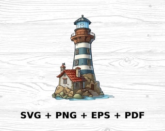 Cartoon Lighthouse SVG Png Eps, Commercial use Clipart Vector Graphics for Wall Art, Tshirts, Sublimation, Print on Demand