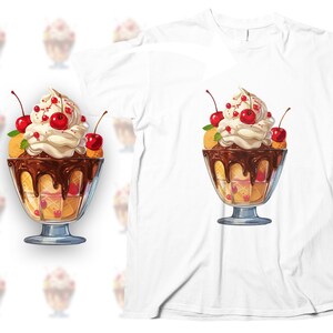 May include: White t-shirt featuring a vibrant illustration of a delicious sundae. The sundae is in a glass bowl, topped with creamy vanilla ice cream, rich chocolate sauce, and glistening red cherries. The ice cream is surrounded by waffle pieces, adding to the decadent appeal. The image is detailed and realistic, showcasing the texture and color of each element. This design is perfect for ice cream lovers and adds a touch of sweetness to any wardrobe.