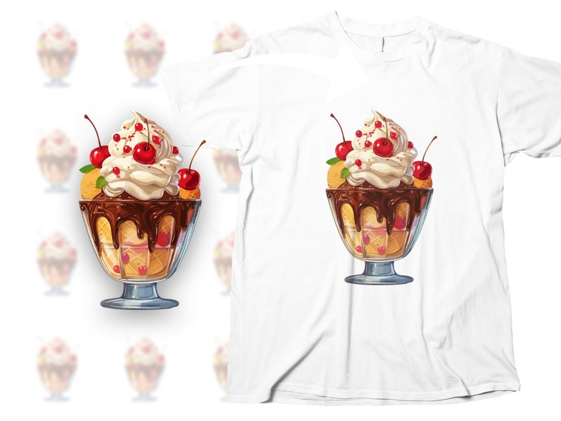 May include: White t-shirt featuring a vibrant illustration of a delicious sundae. The sundae is in a glass bowl, topped with creamy vanilla ice cream, rich chocolate sauce, and glistening red cherries. The ice cream is surrounded by waffle pieces, adding to the decadent appeal. The image is detailed and realistic, showcasing the texture and color of each element. This design is perfect for ice cream lovers and adds a touch of sweetness to any wardrobe.