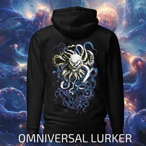 May include: Black hooded sweatshirt with a graphic print of a white skull with tentacles on the back. The text "OMNIVERSAL LURKER" is printed below the graphic.