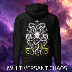 May include: Black hooded sweatshirt with a graphic print of a white and yellow multi-tentacled creature with the text "MULTIVERSANT CHAOS" printed below the graphic.