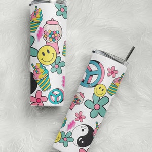 Good Vibes 90s Retro Skinny Tumbler with Lid and Straw - Peace, Love, and Happiness Design - 20 oz&quot;
