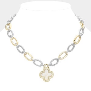14K Gold Plated Cubic Zirconia Stone Paved Mother Of Pearl Four Leaf Clover | Quatrefoil Pendant Two Tone Chain Necklace