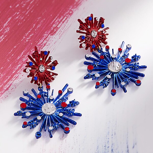 Rhinestone Paved American USA Flag Theme Colored Starbursts Dangle Earrings | 4th of July Earrings