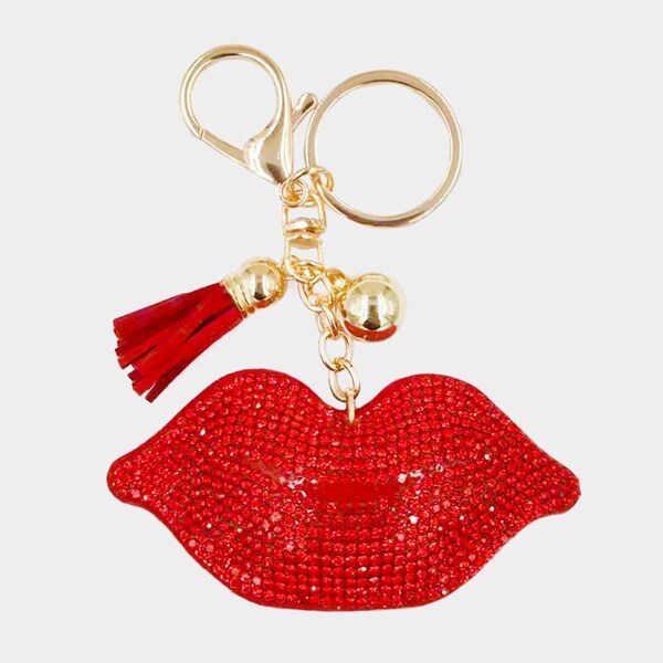 Bling Rhinestone Lips Tassel Keychain Bedazzled Custom Keyholder Backpack Charm