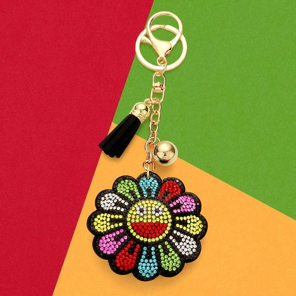 Bling Rhinestone Rainbow Happy Face Smile Flower Daisy Sunflower Tassel Keychain Bedazzled Custom Keyholder Backpack Charm