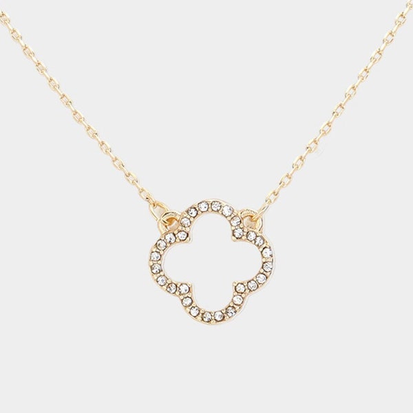 Gold and Silver Stone Paved Open Four Leaf Clover | Quatrefoil 0.6" Pendant Necklace