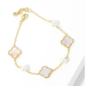 Gold and White Gold Dipped Mother of Pearl Four Leaf Clover | Quatrefoil Station Bracelet