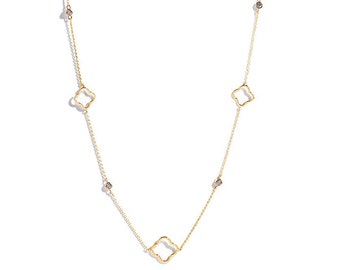 Gold and White Gold Dipped Four Leaf Clover | Quatrefoil Round Stone Station Long Necklace