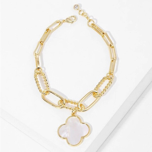 Gold and White Gold Dipped Mother of Pearl Four Leaf Clover | Quatrefoil Charm Bracelet