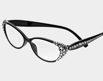 Crystal Detail Round Cat Eye Bling Reading Glasses Black Frame, Genuine Swarovski Crystals (10 Colors Available)