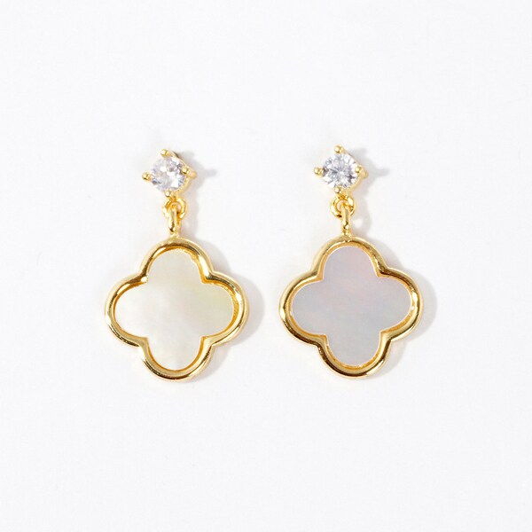 Gold and White Gold Dipped Cubic Zirconia Mother of Pearl Four Leaf Clover | Quatrefoil Link Dangle Dropdown Earrings