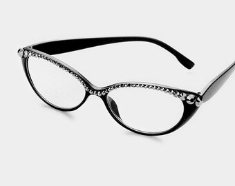 Crystal Detail Semi Cat Eye Bling Reading Glasses, Genuine Swarovski Crystals (9 Colors Available)