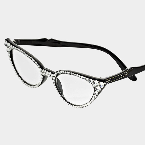 Crystal Cat Eye Bling Reading Glasses in Black, Clear, Genuine Swarovski Crystals