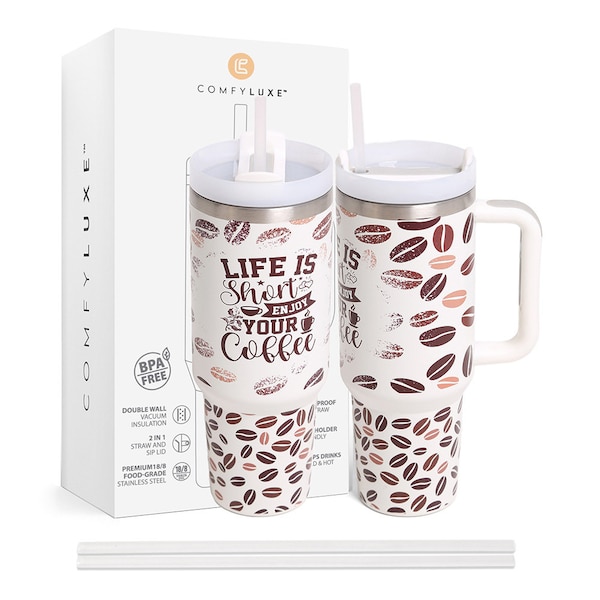 Premium Leak Proof 40oz Coffee Bean Life Is Short Enjoy Your Coffee Message Comfyluxe Double Wall Stainless Steel Travel Tumbler With Handle