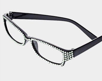 Echte Swarovski Crystal Pave verschönerte rechteckige Bling-Lesebrille in Schwarz, Chrysolite