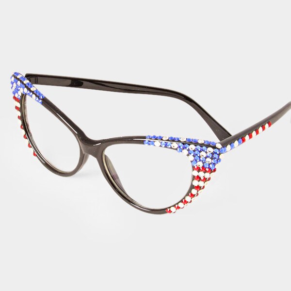 Genuine Swarovski Crystal American USA Flag Cat Eye Optical Glasses | Patriotic 4th of July Cat Eye Glasses