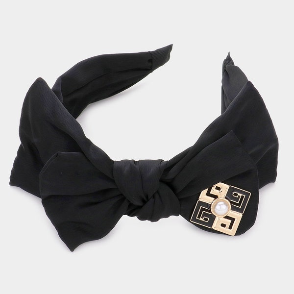 Handmade Greek Pattern Two Tone Square Emblem Pointed Pearl Bow Headband