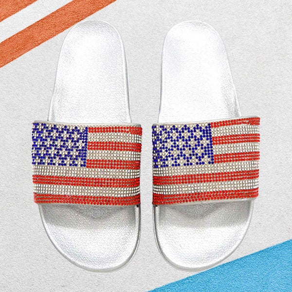 Bling American USA Flag Slide Sandal Slippers | 4th of July Slippers