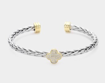 14K Gold Plated with Cubic Zirconia Stone Paved Four Leaf Clover | Quatrefoil Pointed Two Tone Textured Braided Metal Cuff Bracelet