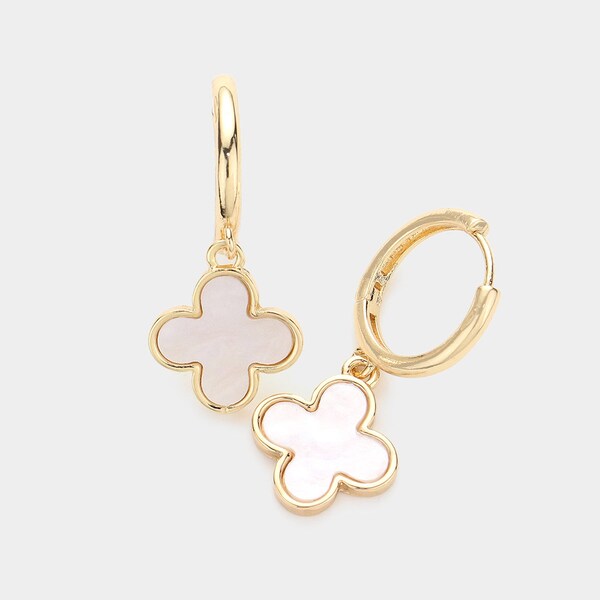 Gold Dipped and Silver Mother of Pearl Four Leaf Clover | Quatrefoil Drop Dangle Huggie Hoop Earrings