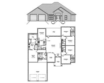 May include: A black and white architectural floor plan and front elevation drawing of a single-story house. The layout includes a garage, master suite, great room, kitchen, dining area, foyer, porch, patio, and four bedrooms with bathrooms.