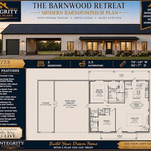 May include: An architectural floor plan for The Barnwood Retreat, a modern barndominium with 1,773 heated square feet, 2 bedrooms, and 2.5 bathrooms. The design includes a pass-thru carport, open concept living, and a master suite with walk-in closet.
