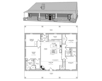 Planos de casas de 3 dormitorios con elevaciones: Diseño de casa personalizado (archivo CAD) (Plano n.° 2306)
