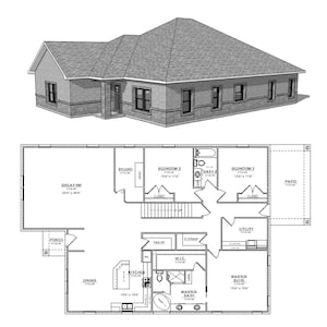 May include: A black and white floor plan of a house with a great room, studio, three bedrooms, two bathrooms, a kitchen, dining room, utility room, porch, and patio. The floor plan includes room dimensions in feet.