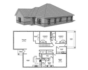 May include: A black and white architectural floor plan and exterior perspective drawing of a single-story house. The layout includes a great room, kitchen, dining area, studio, three bedrooms, master suite, utility room, porch, and a rear patio.