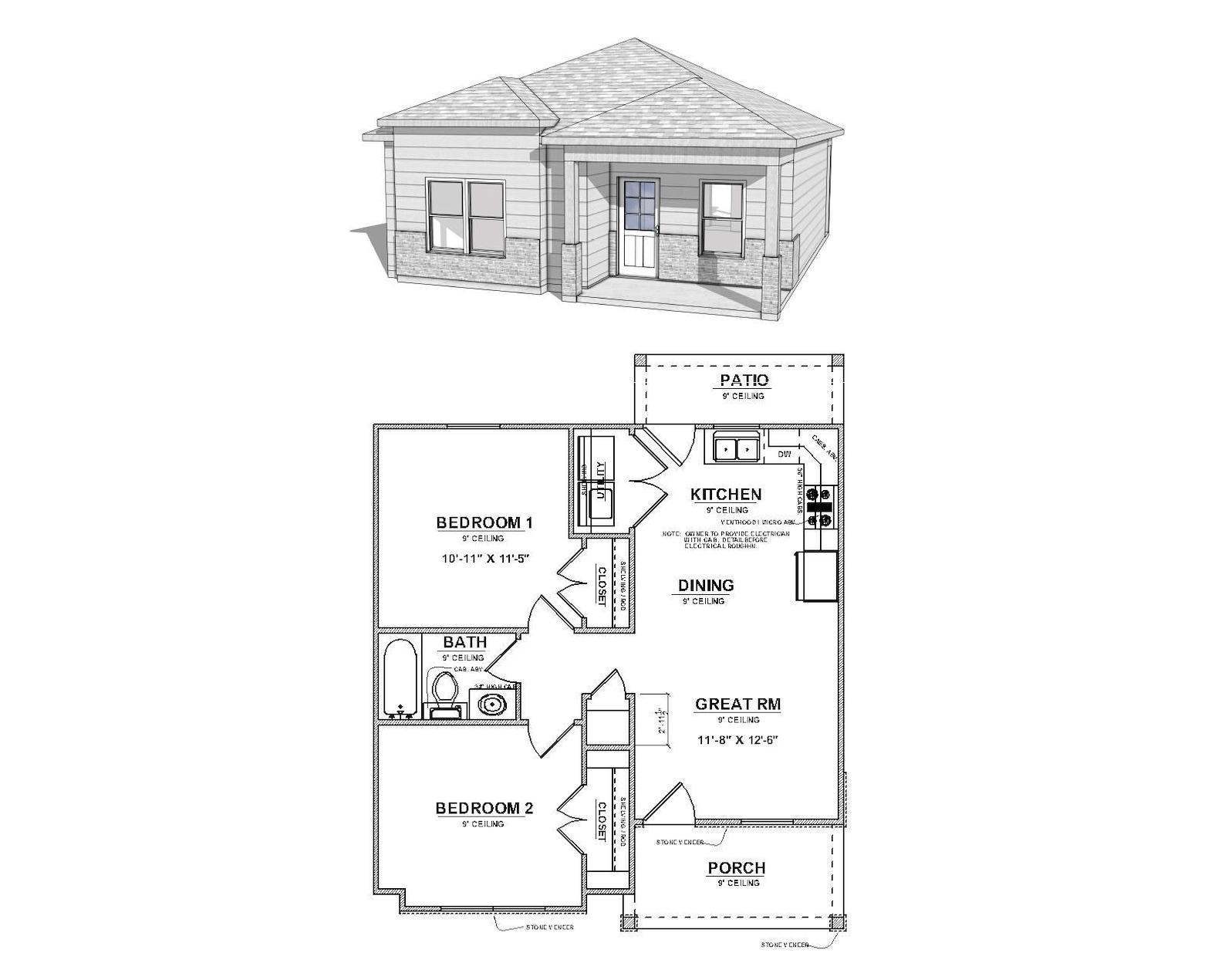 2 Bedroom 1 Kitchen 1 Bathroom House Plans Cottage Pdf's - 2 Bdrm / 1 Bath House Plan Home Designed Custom House