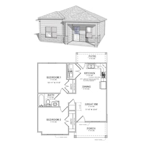 May include: A black and white floor plan of a house with a patio, kitchen, dining room, great room, two bedrooms, a bathroom, and a porch. The dimensions of each room are listed in feet and inches.