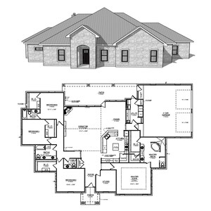 Könnte beinhalten: Ein schwarz-weißer Grundriss eines Hauses mit einer 2-Wagen-Garage, 4 Schlafzimmern, 3 Badezimmern und einem großen Wohnbereich. Das Haus hat eine Terrasse und eine Veranda.