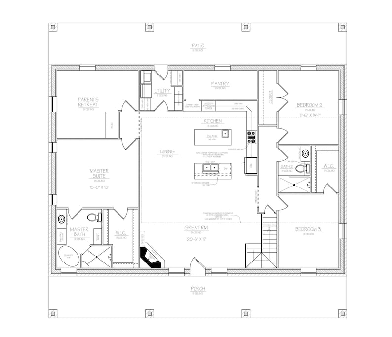 3 Bedroom Floor Plan CAD File: Custom Home Design Blueprints (digital ...