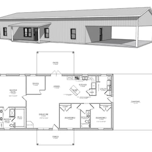 Może przedstawiać: Czarno-biały plan parteru domu z wiatą. Dom posiada sypialnię główną, gabinet, jadalnię, kuchnię, pomieszczenie gospodarcze, duży pokój, dwie sypialnie i łazienkę. Dom posiada również taras i werandę.