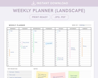 Printable Weekly Planner, Landscape Format for Letter, Half Letter, A4, A5