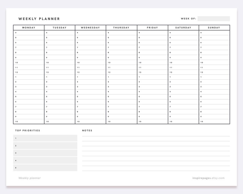 Printable Weekly Planner, Landscape Format for Letter, Half Letter, A4