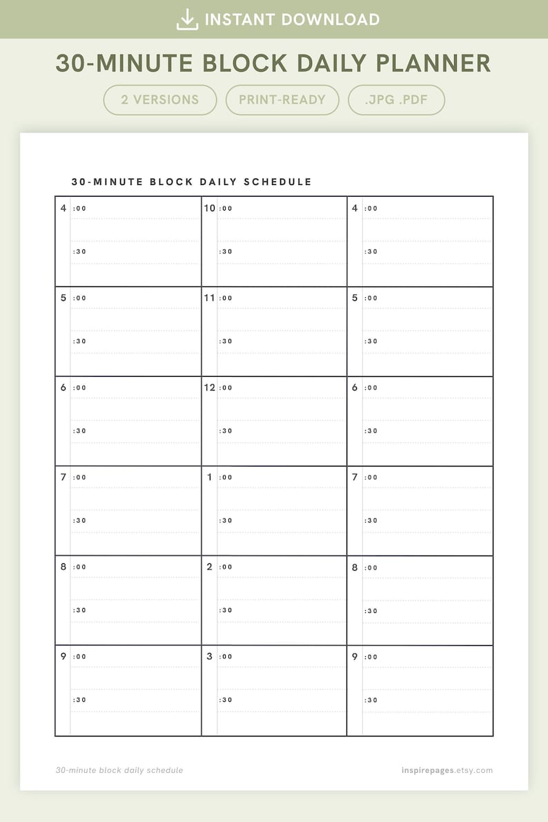 Printable 30-minute Block Daily Planner, Daily Schedule, Portrait ...