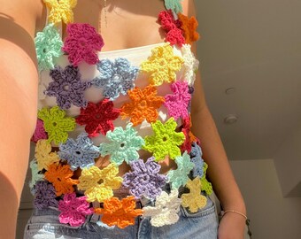Daisy Flower Mesh Crochet Top with Adjustable Sizing