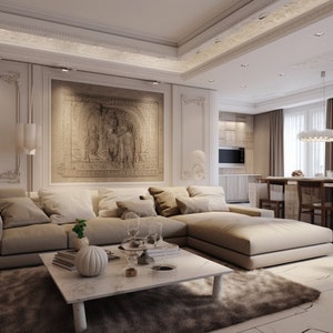 Peut inclure: Un grand canapé d'angle de couleur blanc cassé avec une méridienne est installé dans un salon moderne aux murs blancs et une œuvre d'art encadrée décorative au-dessus du canapé. La pièce dispose d'une table basse blanche avec un plateau en marbre et un tapis blanc à la texture moelleuse brune.