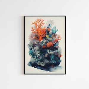 Coral Reef Ink Wash Illustration Poster, Colorful Marine Life, Great Barrier Reef, Marine Biology, Underwater Art, Digital Download