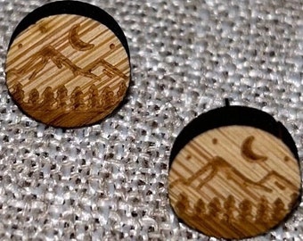 Round Wooden Stud Earrings with Mountain Landscape Pattern