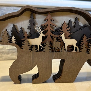 Decoración con silueta 3D de oso de madera, bosque, montaña y árbol de estilo rústico