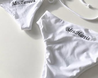 Bas de bikini ou ensemble de bikini de mariée personnalisés, maillot de bain brodé sur mesure pour la mariée, maillots de bain pour la lune de miel et l'enterrement de vie de jeune fille