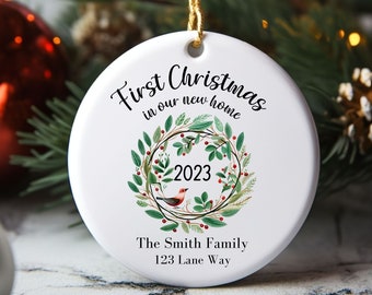 Customized New Home Ornament, First Christmas Home Ceramic Ornament, Personallized Family Name and Address,  New Home Christmas Gift