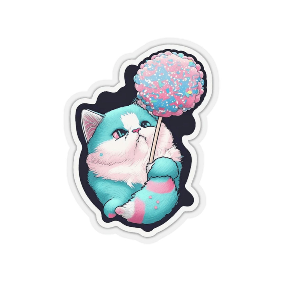 Cartoon Cat Eating Cotton Candy Kisscut Sticker 2 Etsy